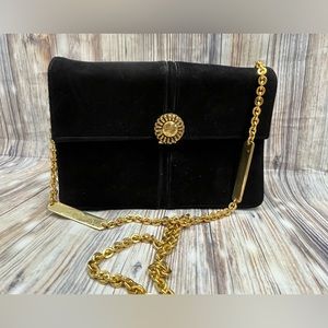 Vintage Block Black Velvet Handbag Gold Tone Hardware